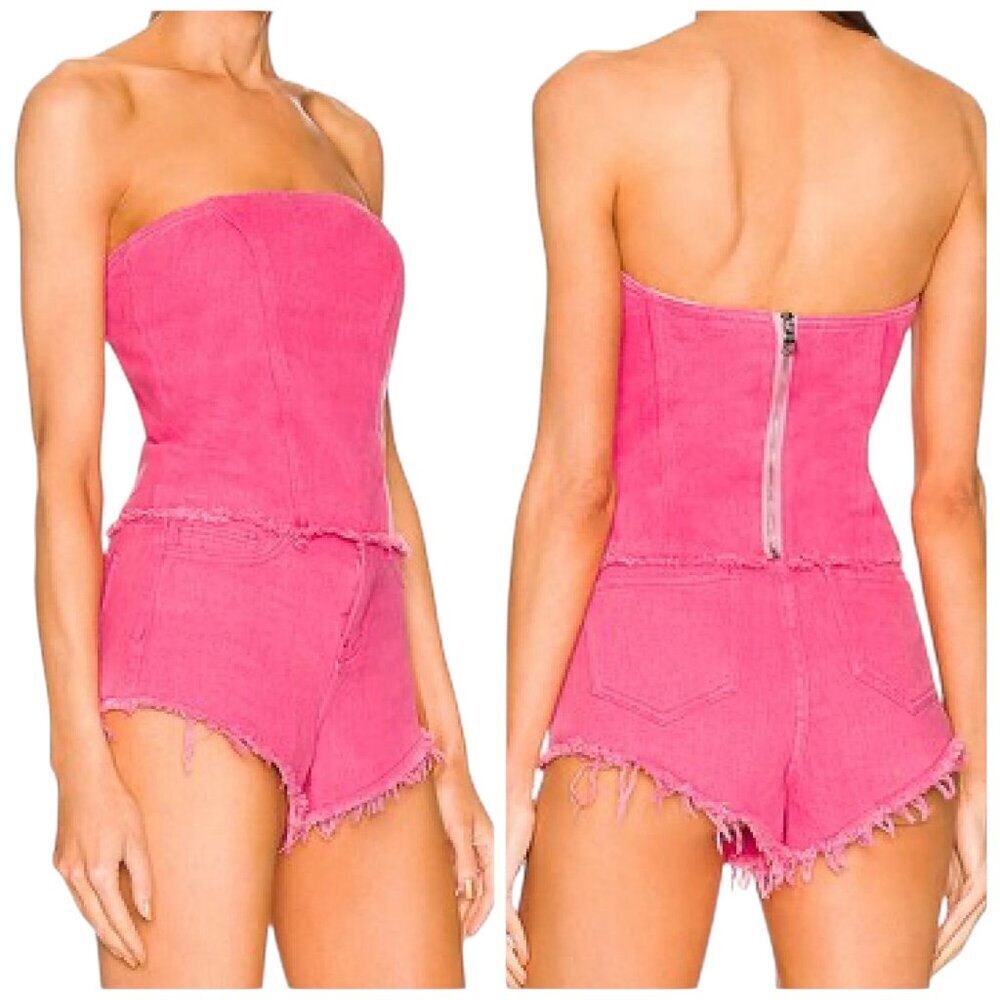 Superdown Strapless Pink Denim Bustier Tube Top Raw Hem Sz Small